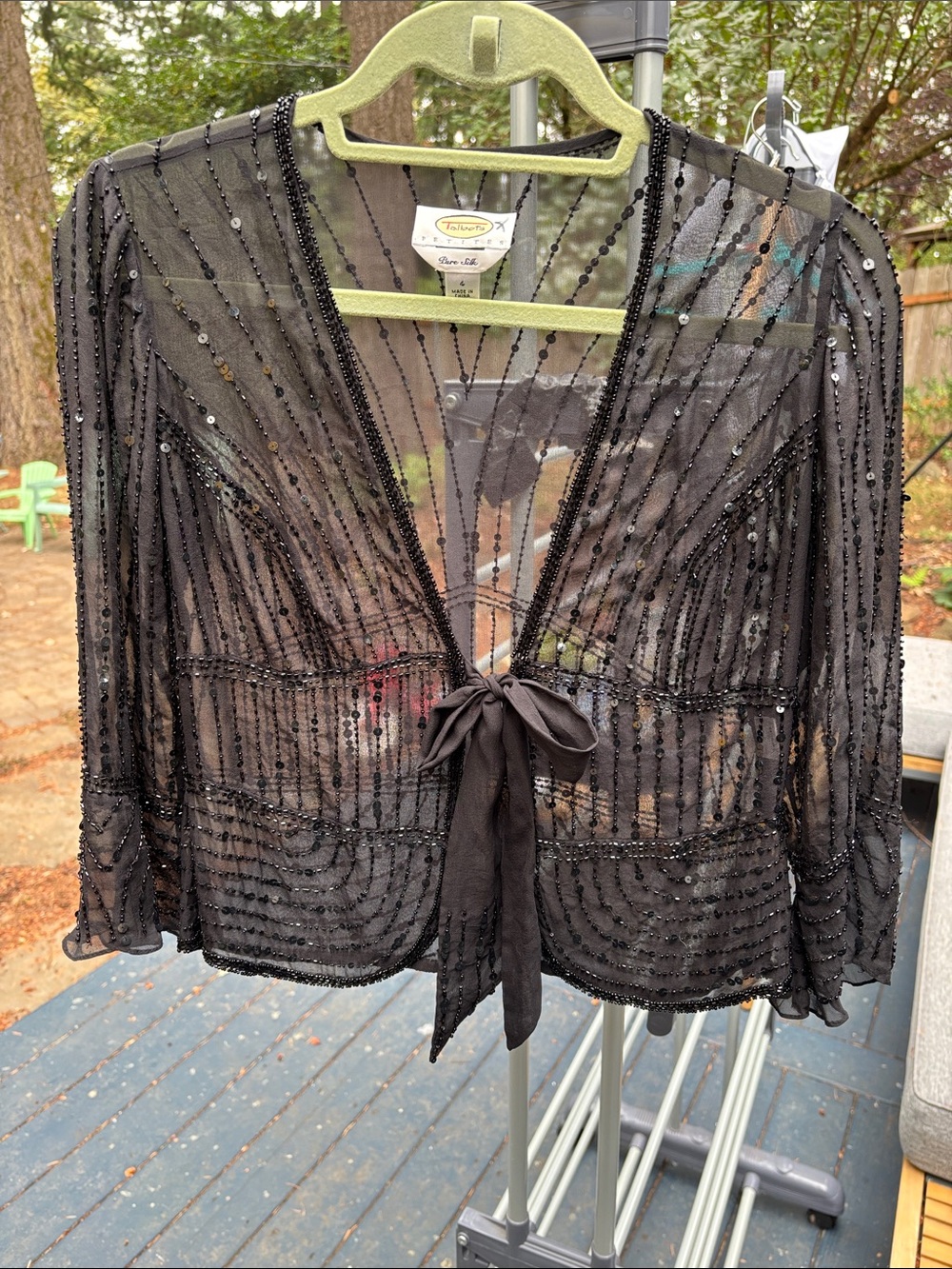 Vintage-Inspired Black Beaded Sheer Tie-Front Top